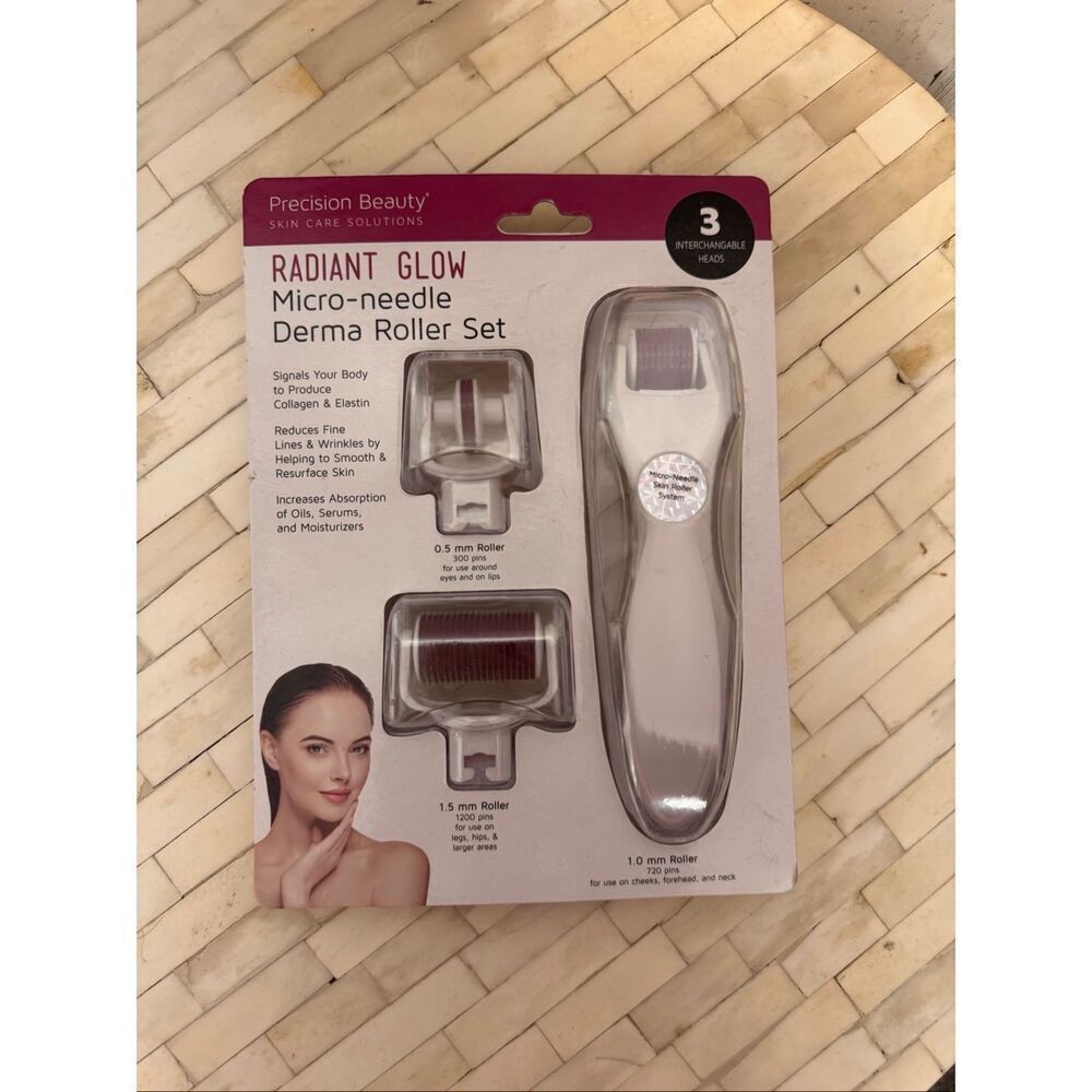 Precision Beauty Radiant Glow Microneedle Derma Roller Set 3 Interchangeable Hea